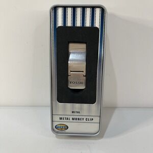 Vintage Fossil Money Clip Silver Tone in Tin Case Lodge Old Money Classic